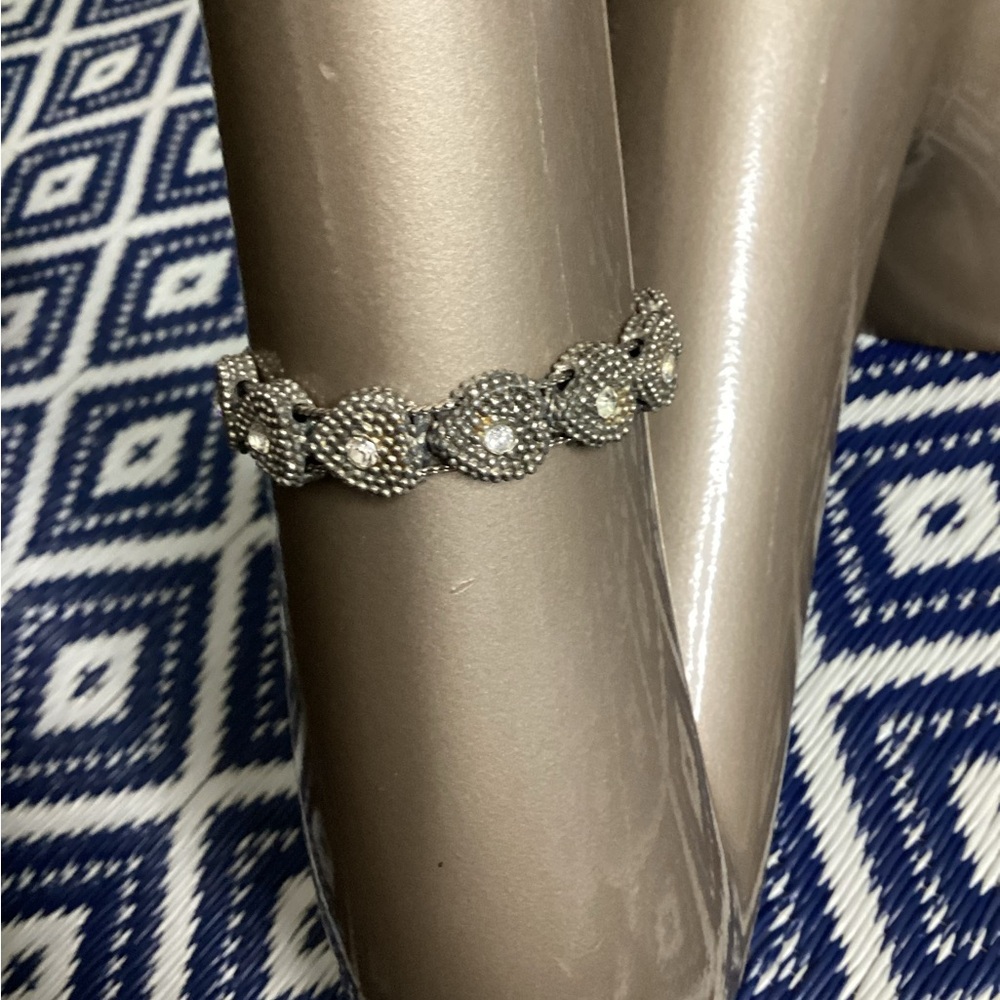 Vintage Chunky Silver Hearts Bracelet with Crystal Accents